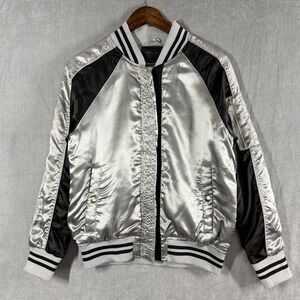 Miss London Black Label Bomber Jacket Womens M‎ Silver Satin MA-1 Varsity